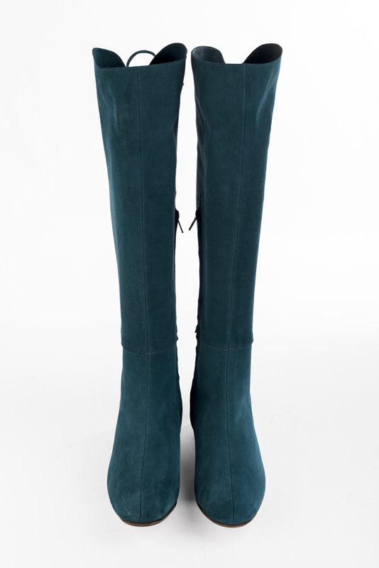 Peacock blue women's knee-high boots, with laces at the back. Square toe. Low leather soles. Made to measure. Top view - Florence KOOIJMAN